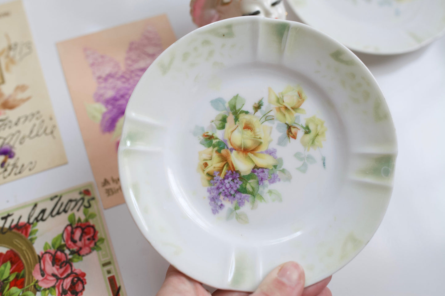 Vintage Lady Head Vase and Enamel Floral Pitcher