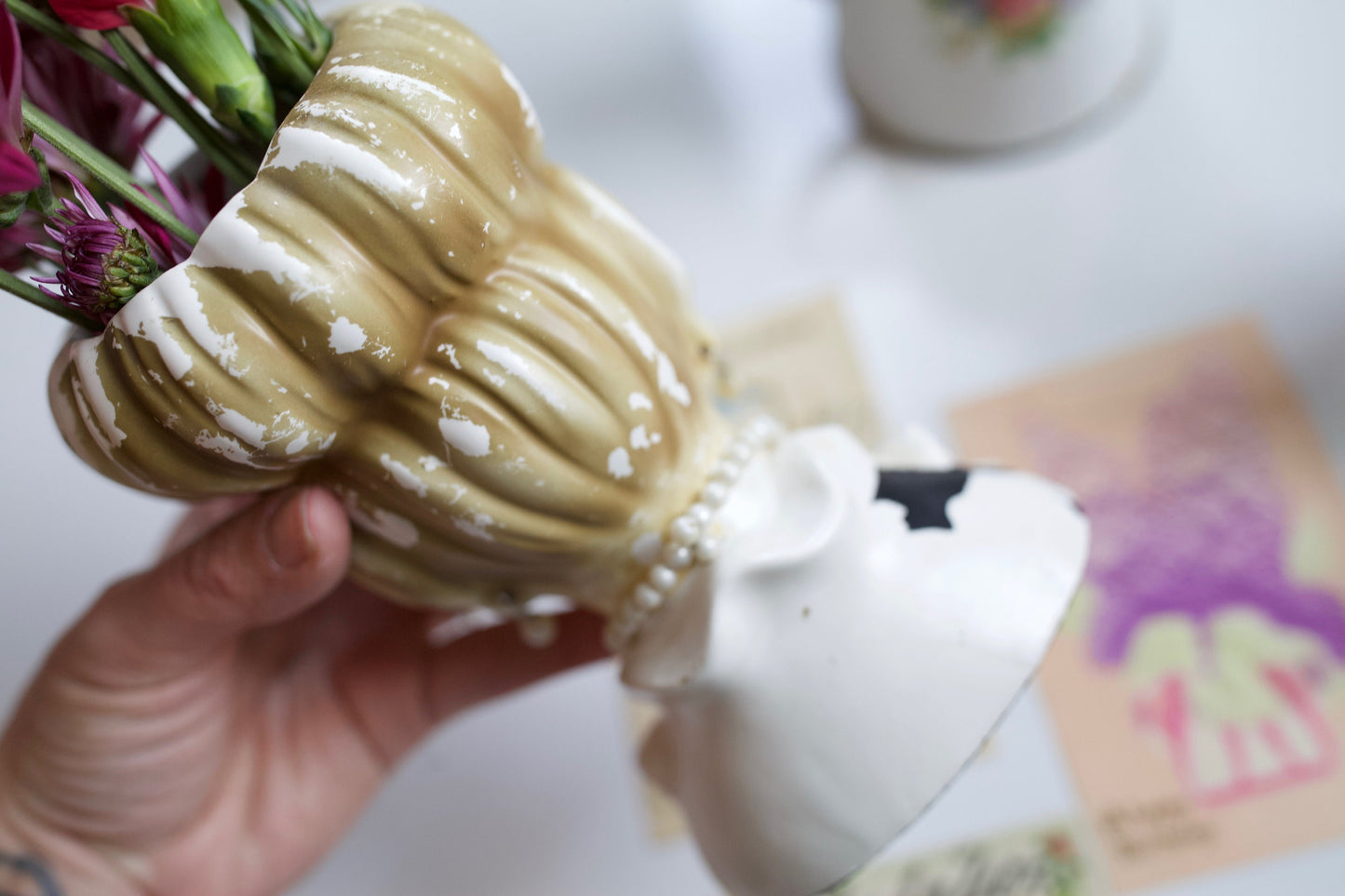 Vintage Lady Head Vase and Enamel Floral Pitcher