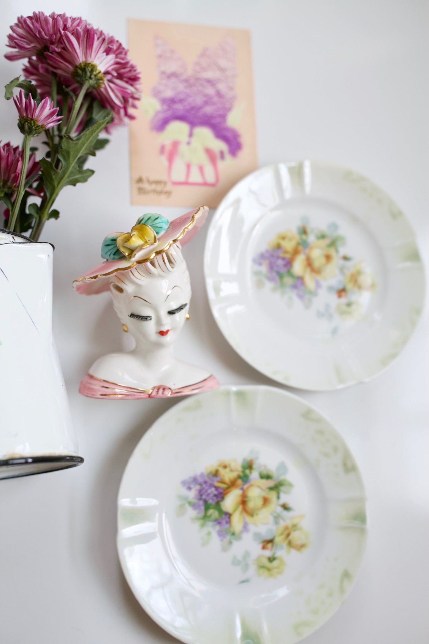 Vintage Lady Head Vase and Enamel Floral Pitcher