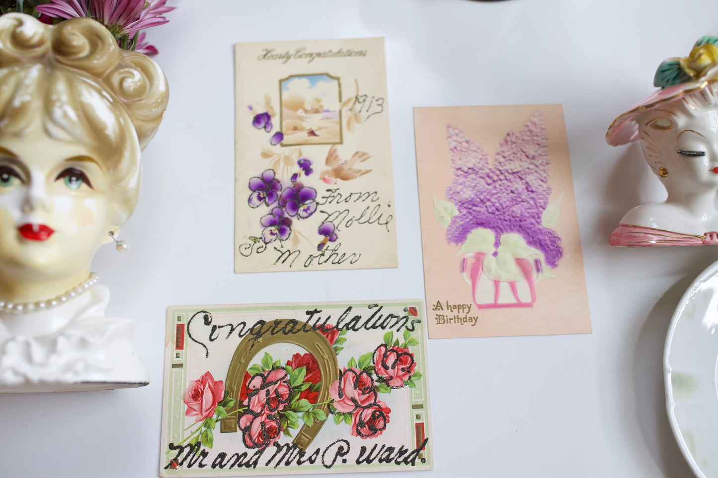 Vintage Lady Head Vase and Enamel Floral Pitcher