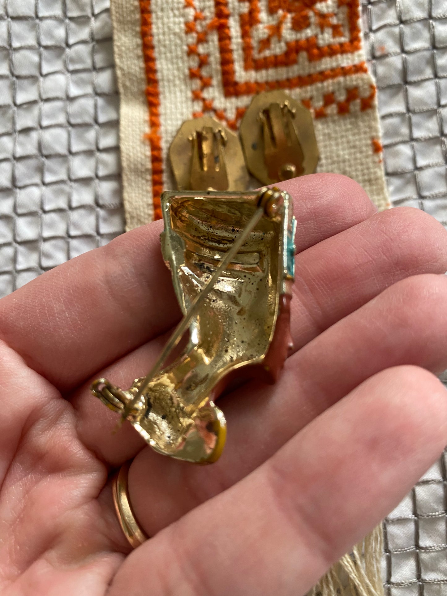 Vintage Egyptian Jewelry - necklace, clip earrings, brooch
