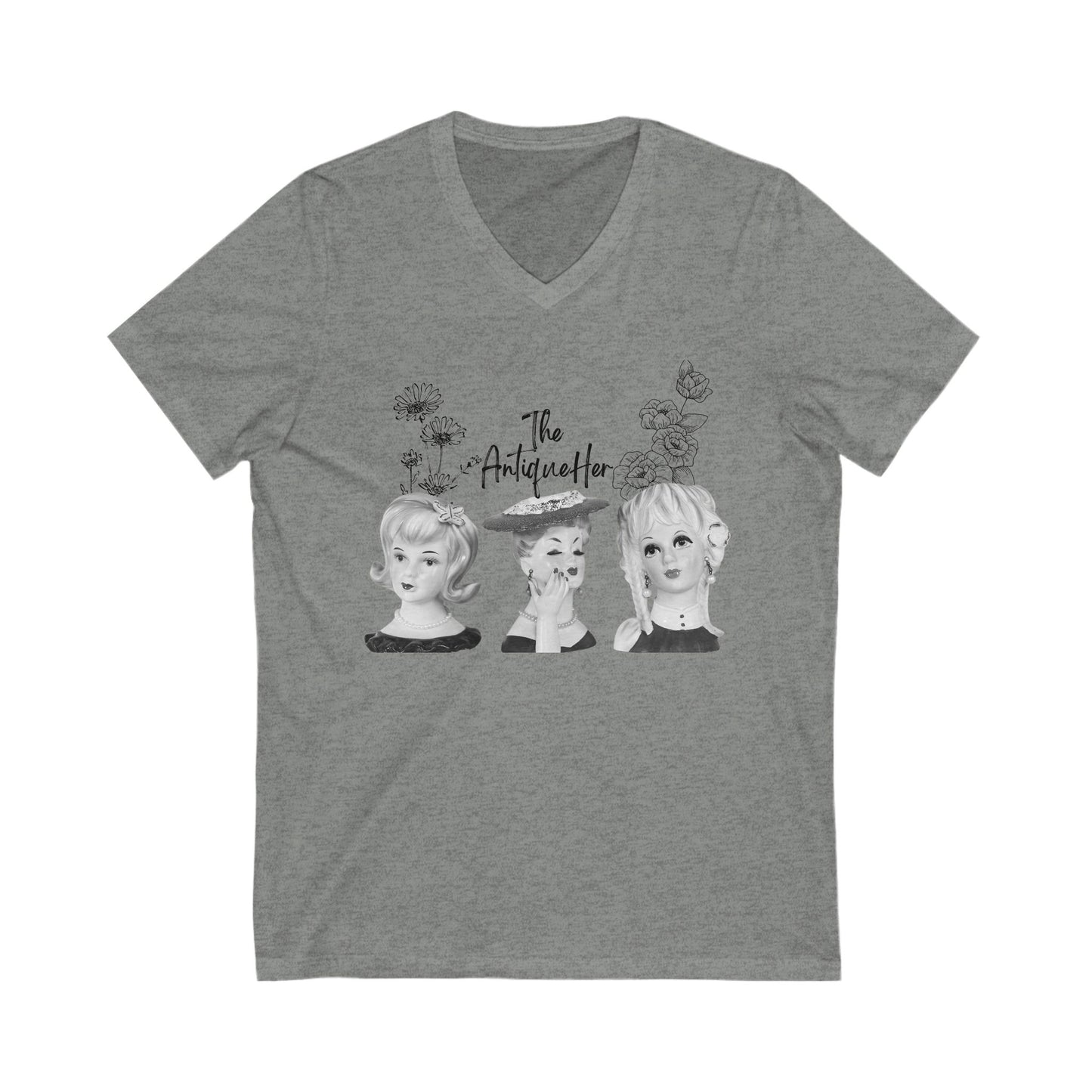 The AntiqueHer - Lady Head Vase Shirt - V Neck -Retro Tee- Unisex Jersey Short Sleeve V-Neck Tee