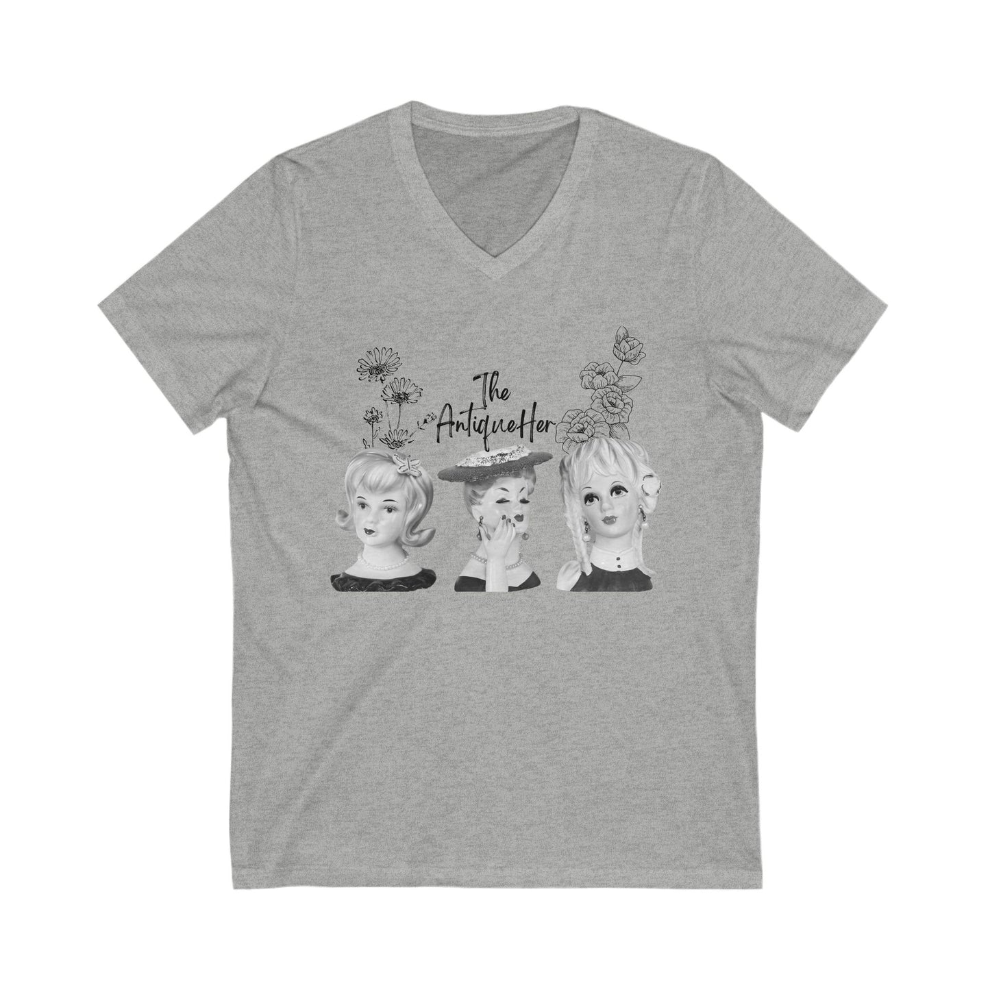 The AntiqueHer - Lady Head Vase Shirt - V Neck -Retro Tee- Unisex Jersey Short Sleeve V-Neck Tee