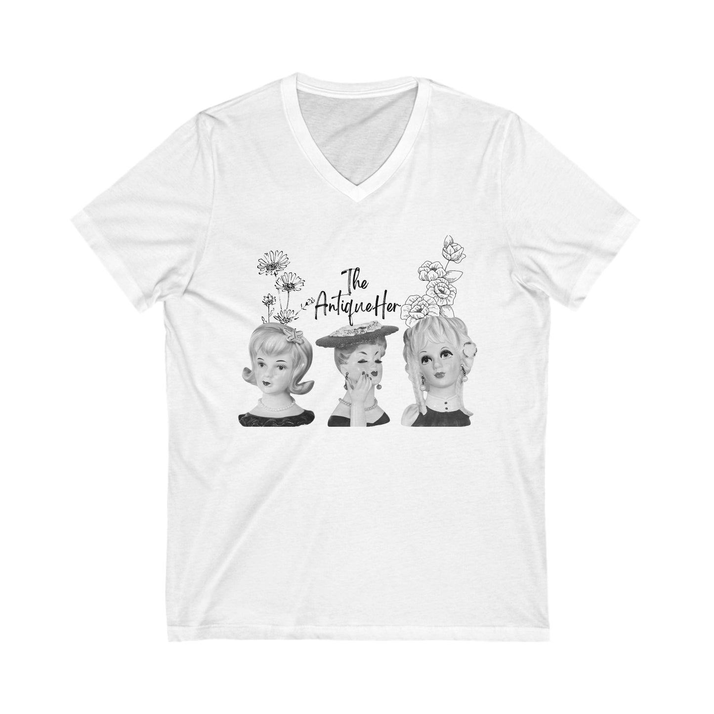 The AntiqueHer - Lady Head Vase Shirt - V Neck -Retro Tee- Unisex Jersey Short Sleeve V-Neck Tee