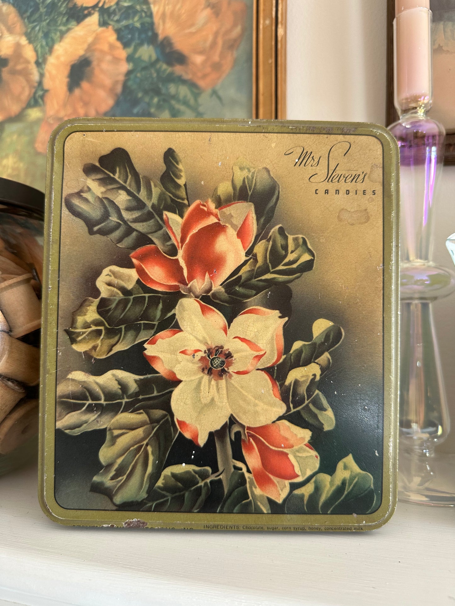 Vintage tin - floral Mrs Steven’s Candies Chicago tin- chocolate tin