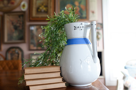 Ironstone Jug-Late 19th Century English Ironstone Jug or Wash Pitcher With Blue Stripe- Wilkinson and Hume in Burslem, England