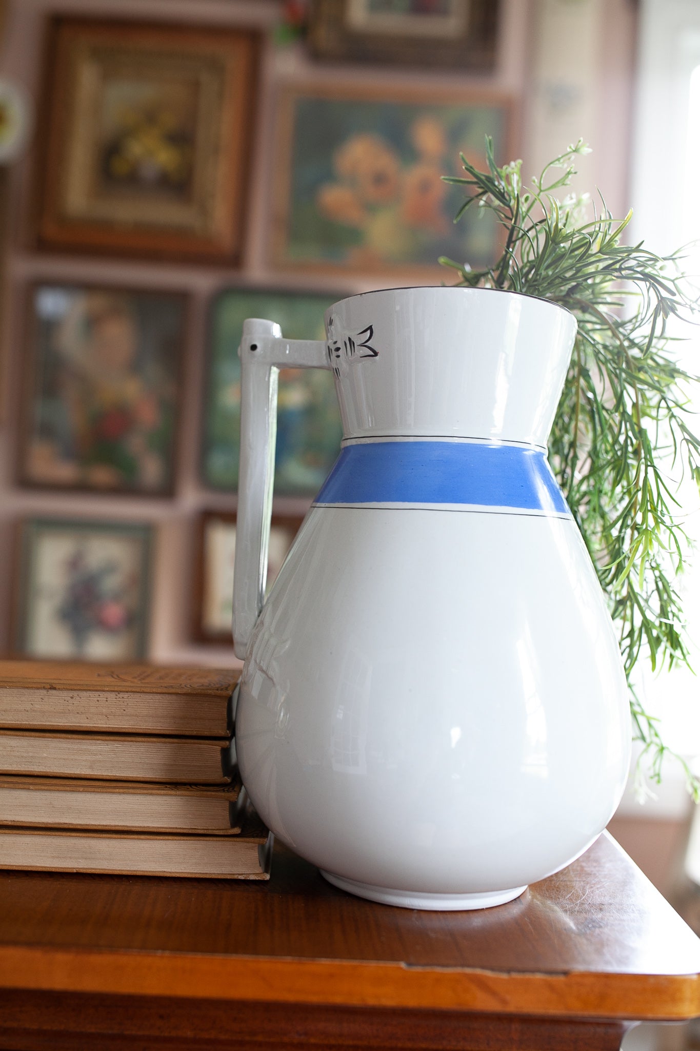 Ironstone Jug-Late 19th Century English Ironstone Jug or Wash Pitcher With Blue Stripe- Wilkinson and Hume in Burslem, England