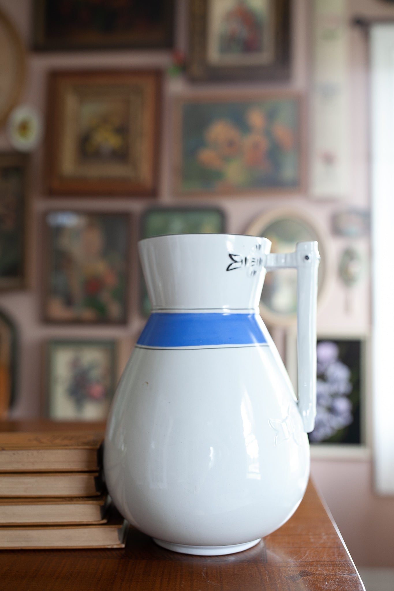 Ironstone Jug-Late 19th Century English Ironstone Jug or Wash Pitcher With Blue Stripe- Wilkinson and Hume in Burslem, England