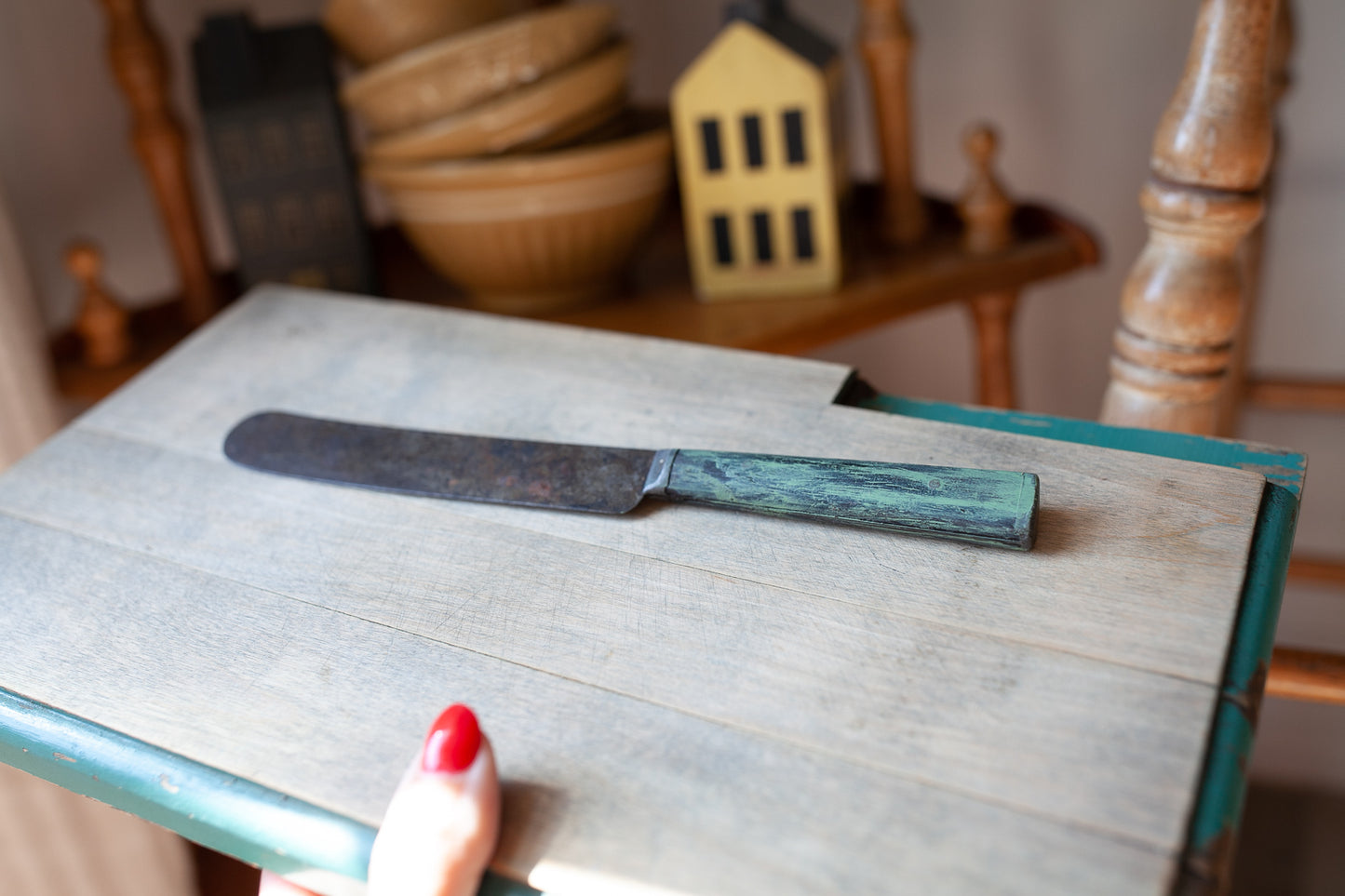 Vintage Wooden Cutting Board with Knife