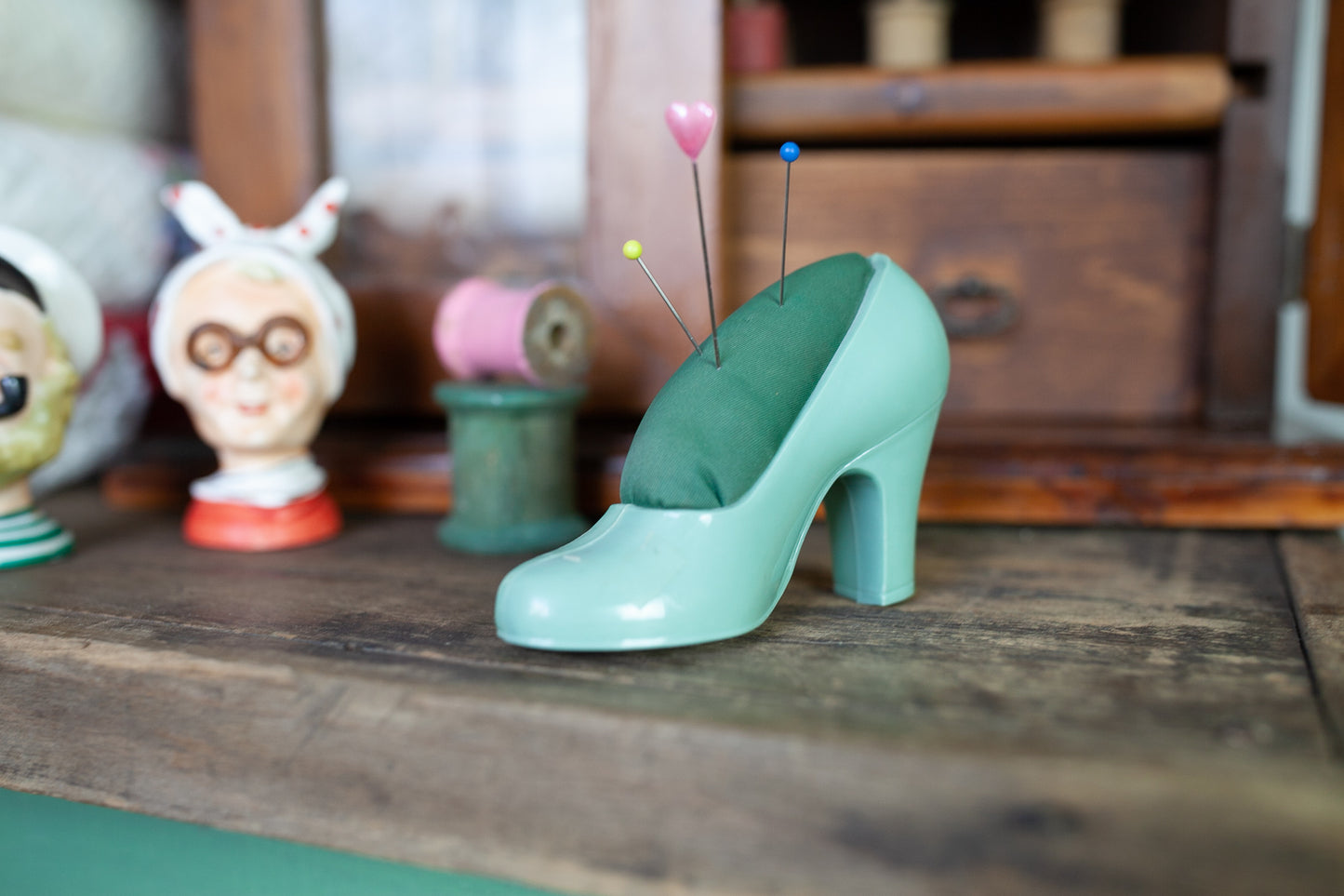 Vintage Shoe Pin Cushion - Green High Heel- Vintage Sewing