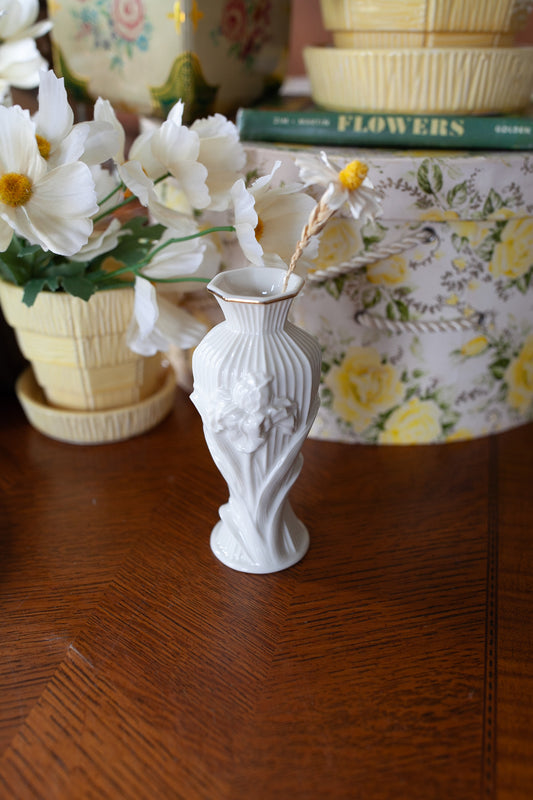 Vintage Lenox Vase- Vintage Lenox Porcelain Bud Vase with Iris Relief Detail and Gold Accent Rim