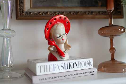 Vintage Head Vase- Lady Head Vase in Red