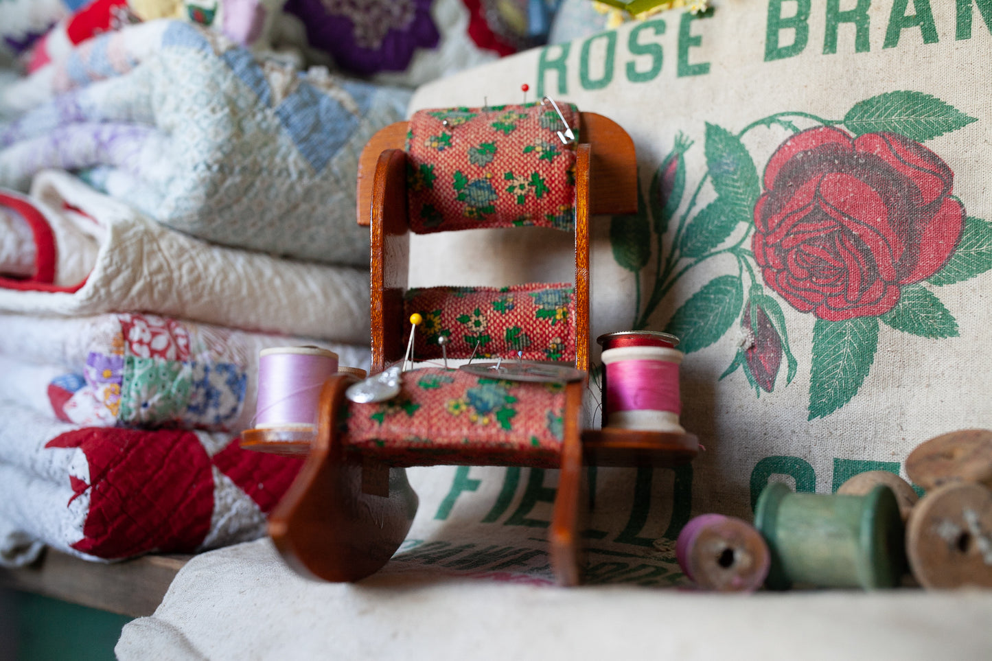 Vintage Pin Cushion and Sewing Caddy- Rocking Chair Spool Holder