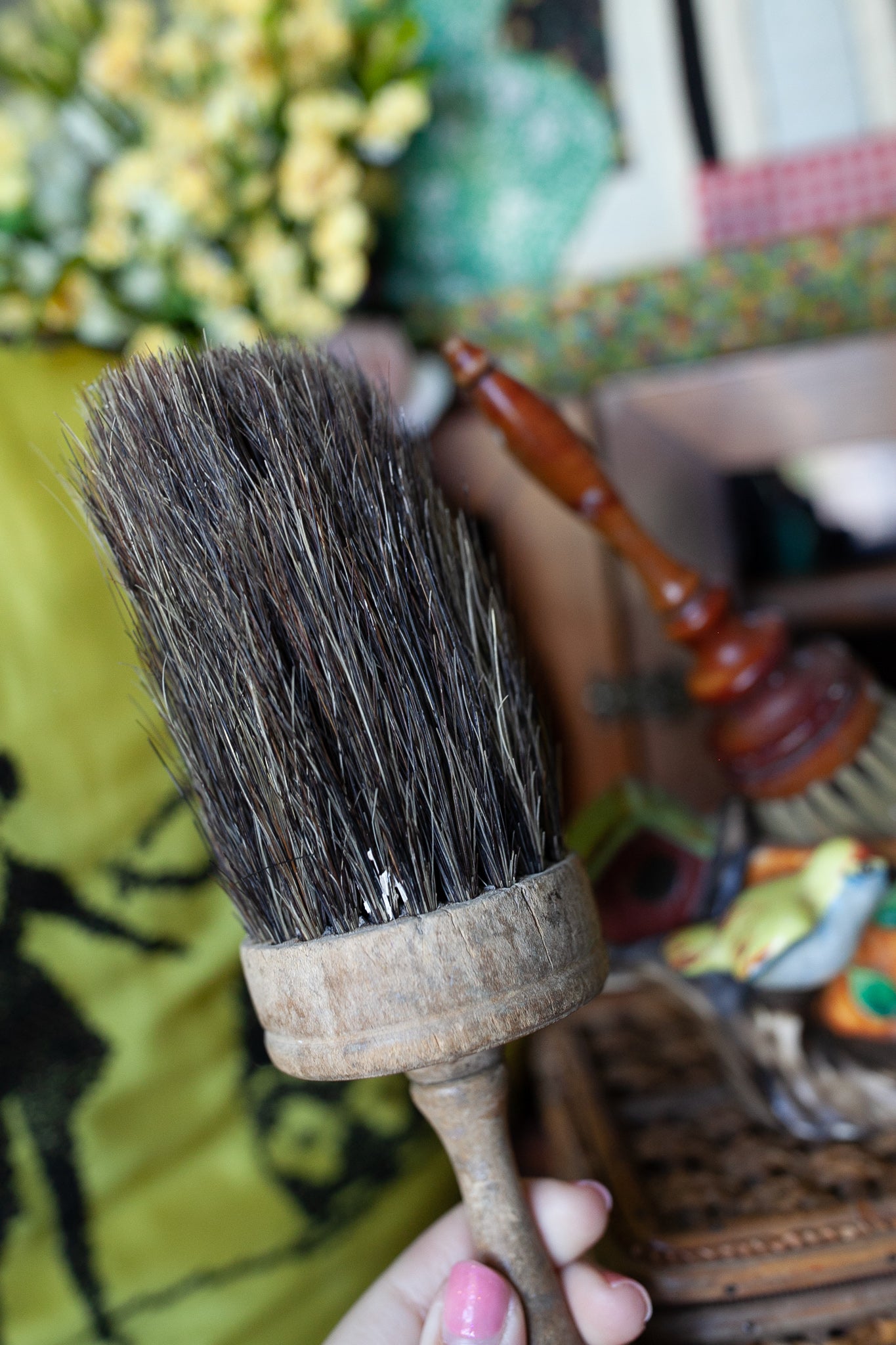 Antique Horse Hair Round Brush With Wood Handle and Natural Bristle