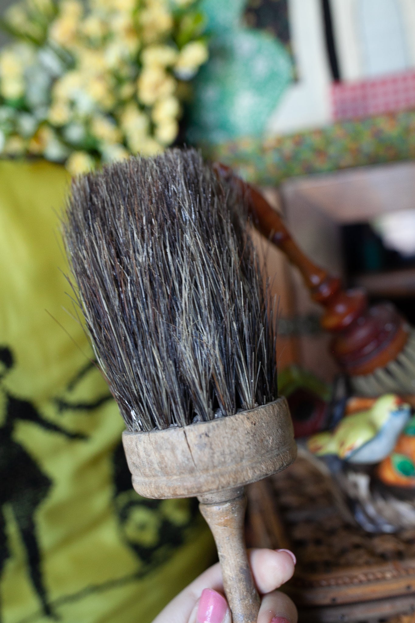 Antique Horse Hair Round Brush With Wood Handle and Natural Bristle