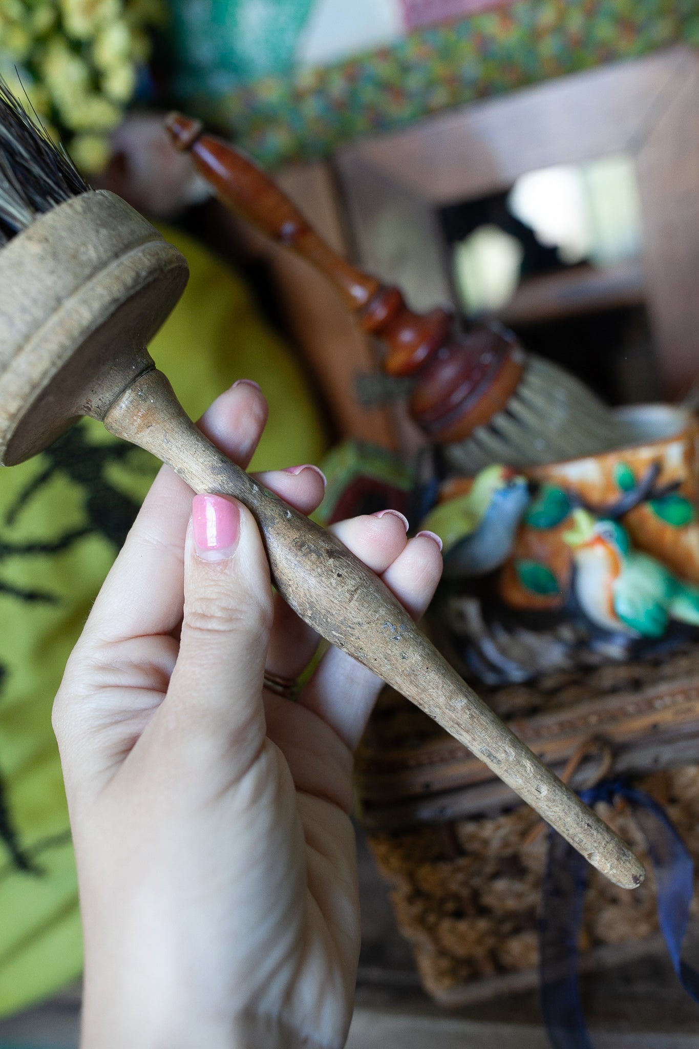 Antique Horse Hair Round Brush With Wood Handle and Natural Bristle