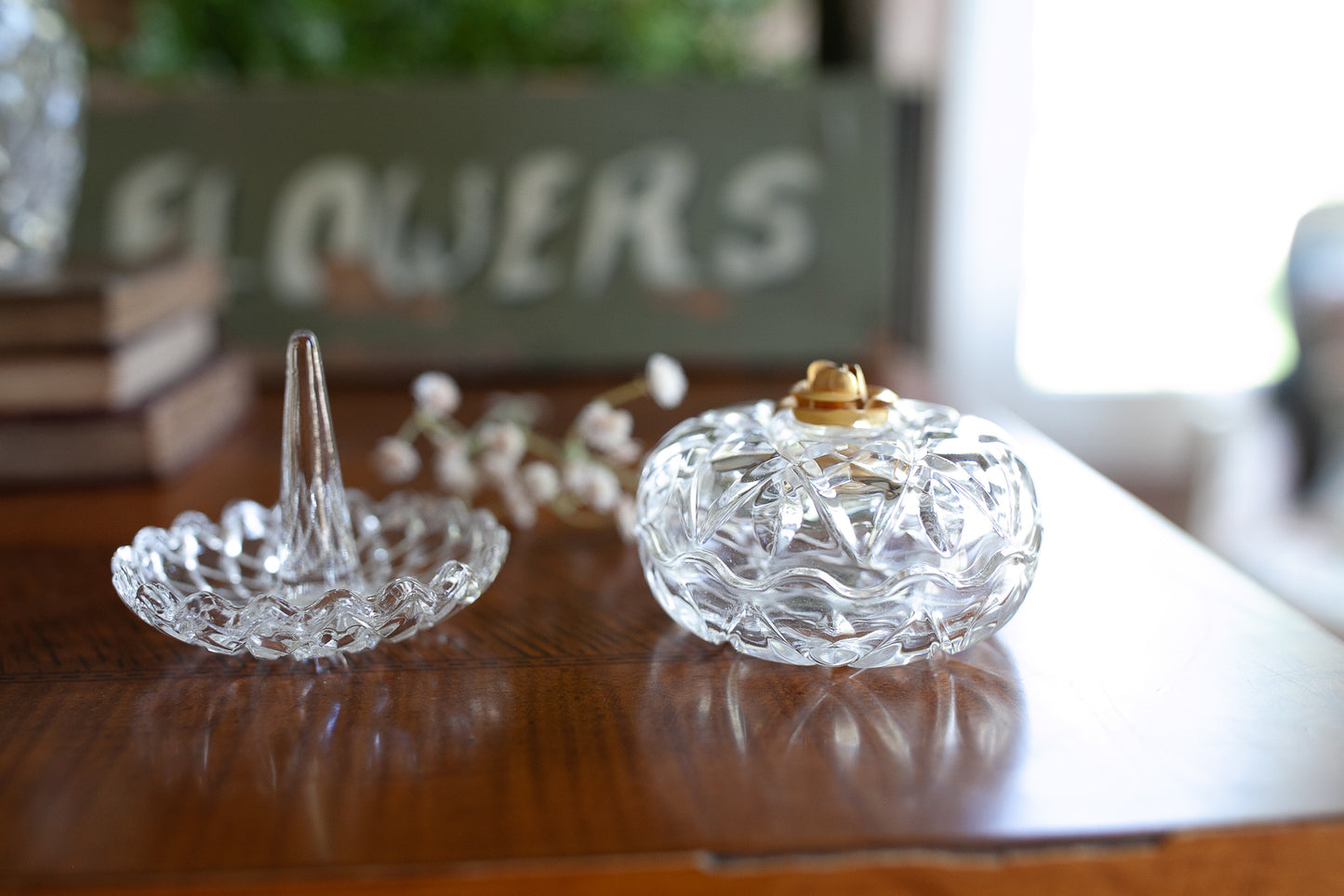 Vintage Round Crystal Trinket Jar with Lid, 24% Lead Crystal, Royal Crystal Rock, Gold Rose Accent, Jewelry Dish, Collectible Vintage Glass