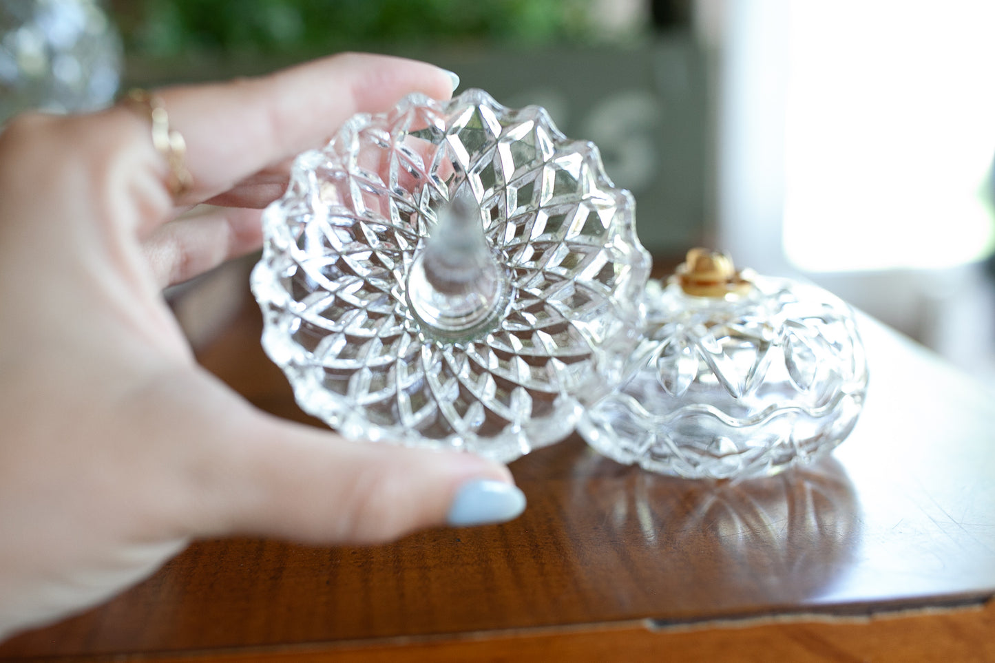 Vintage Round Crystal Trinket Jar with Lid, 24% Lead Crystal, Royal Crystal Rock, Gold Rose Accent, Jewelry Dish, Collectible Vintage Glass