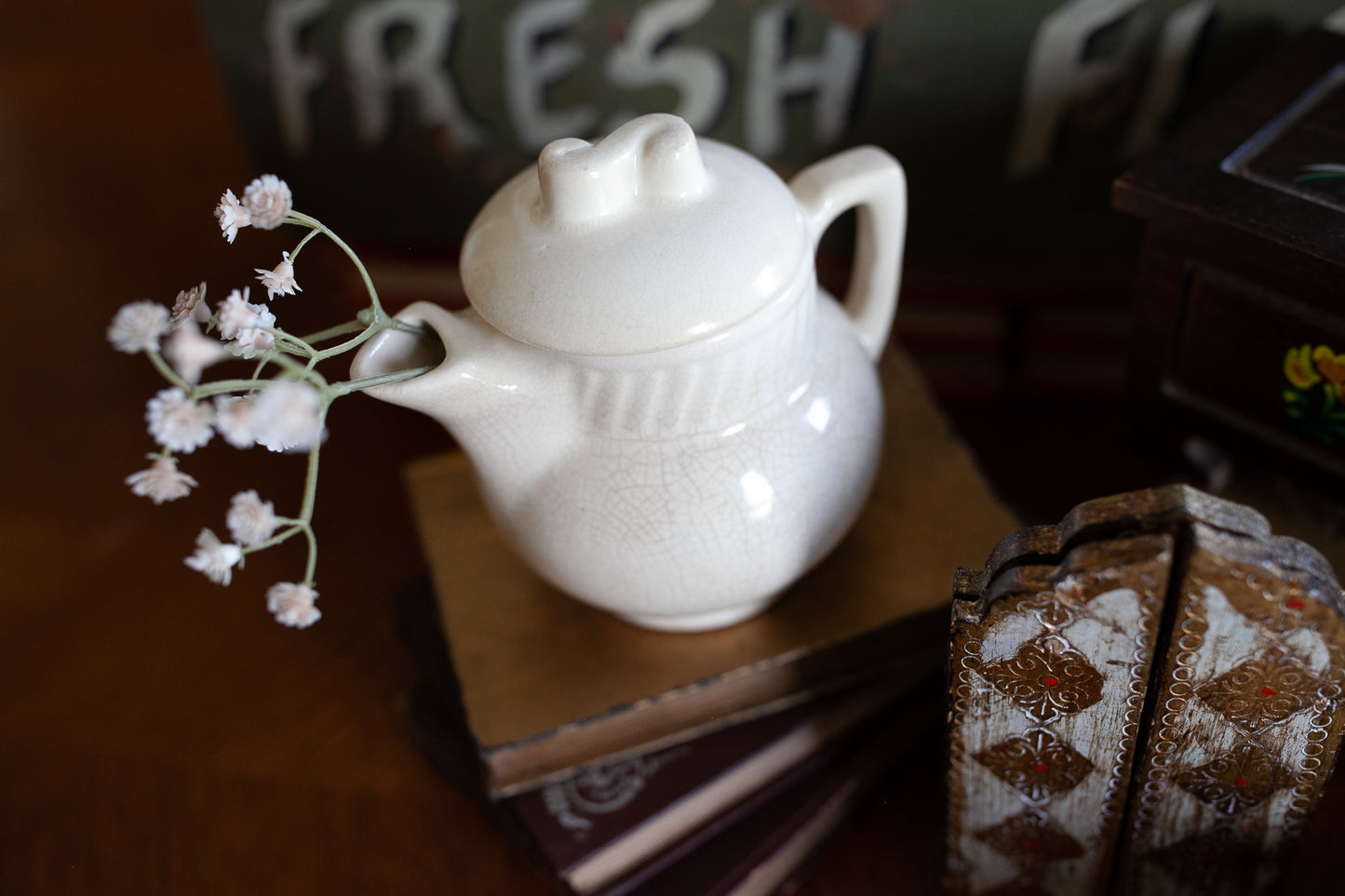 Small Salada Tea Pot - off white antique tea pot - heavily crazed - creamy white pottery