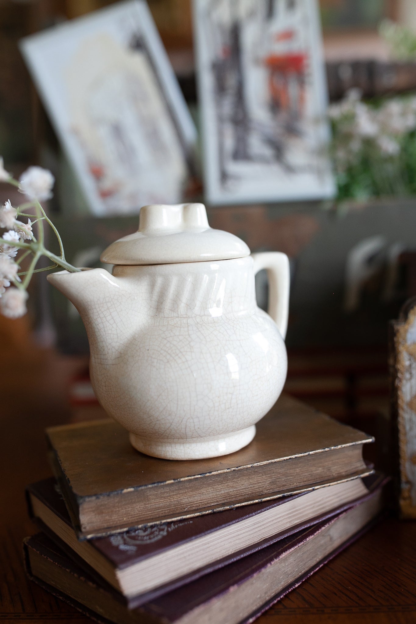 Small Salada Tea Pot - off white antique tea pot - heavily crazed - creamy white pottery