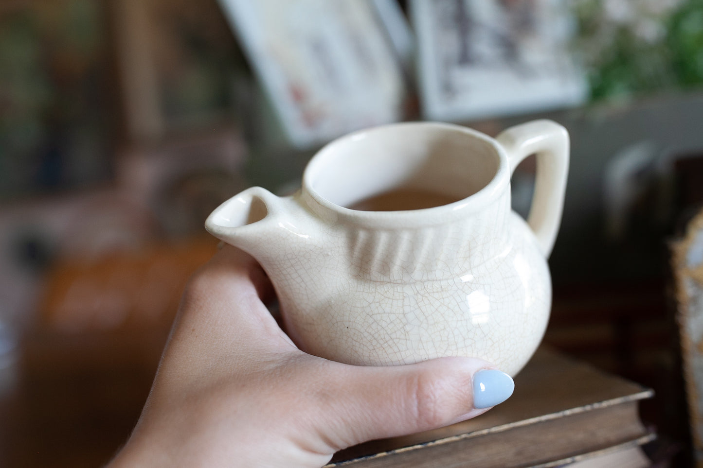 Small Salada Tea Pot - off white antique tea pot - heavily crazed - creamy white pottery