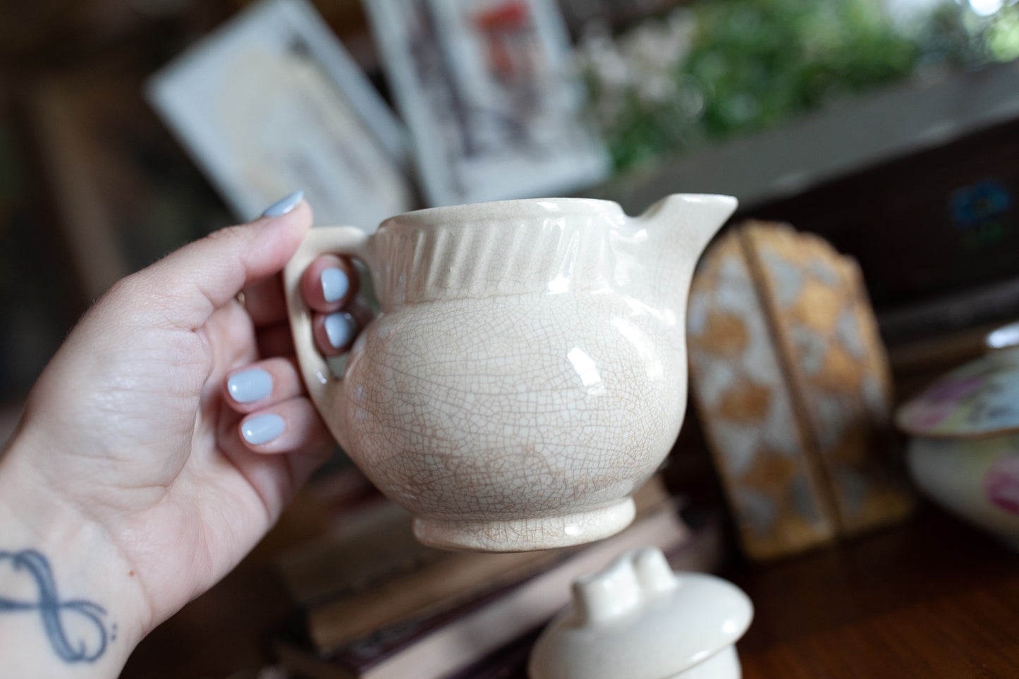 Small Salada Tea Pot - off white antique tea pot - heavily crazed - creamy white pottery