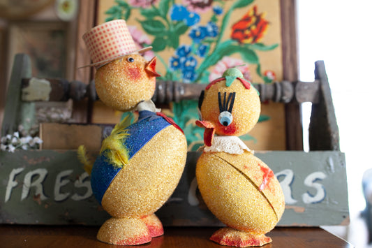 Kitschy Fun Vintage Easter- Made in West Germany Paper-mache Candy Kitsch- Yellow Dressed Flocked -Duck Nodder Container