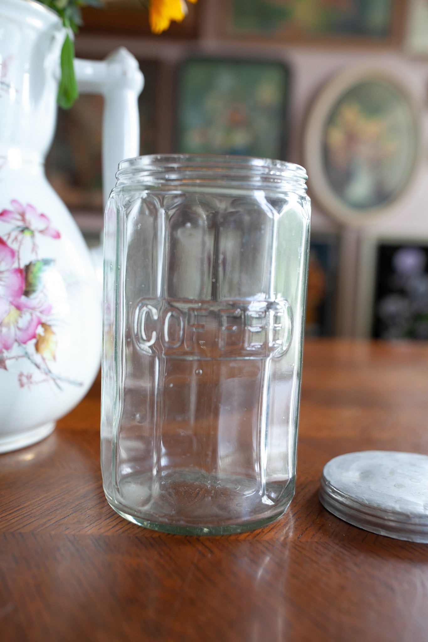 Hoosier Coffee Glass Jar - Antique 12 Panel Hoosier Jar - Glass Coffee Jar with Lid - 6 3/4"