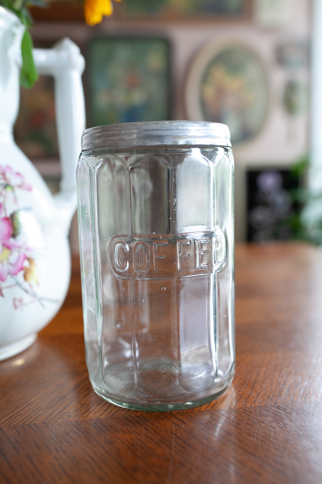 Hoosier Coffee Glass Jar - Antique 12 Panel Hoosier Jar - Glass Coffee Jar with Lid - 6 3/4"