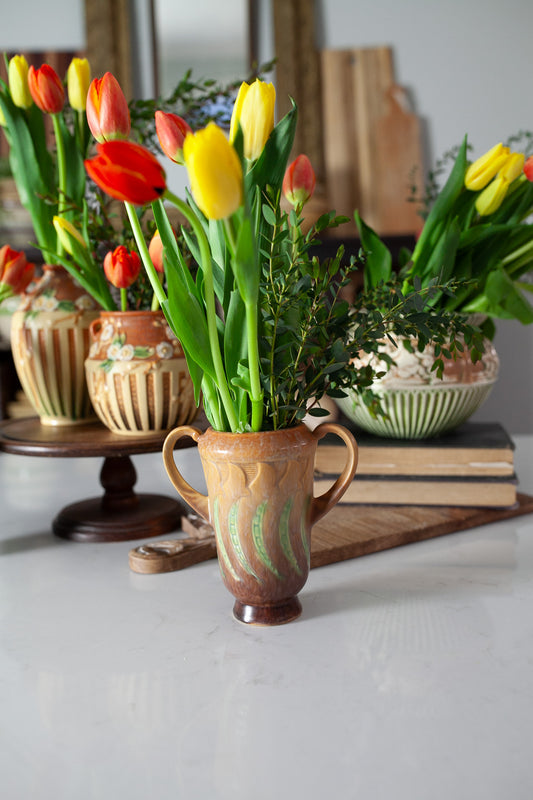 Roseville Falline Brown 1933 Vintage Art Pottery Ceramic Handled Vase 642-6