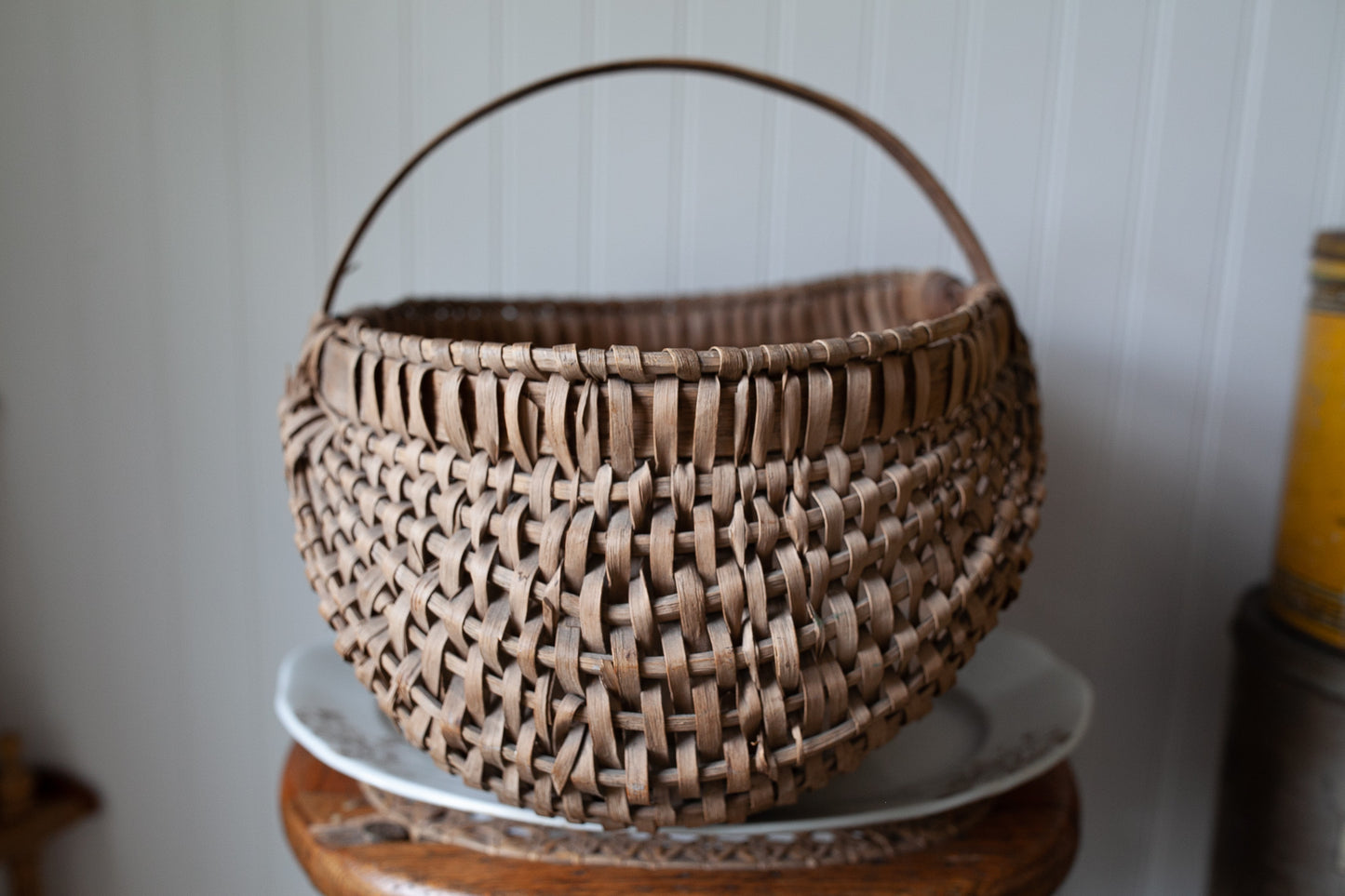 Antique Basket - Gathering Basket - Splint Basket Buttocks Handle Gathering Egg Basket