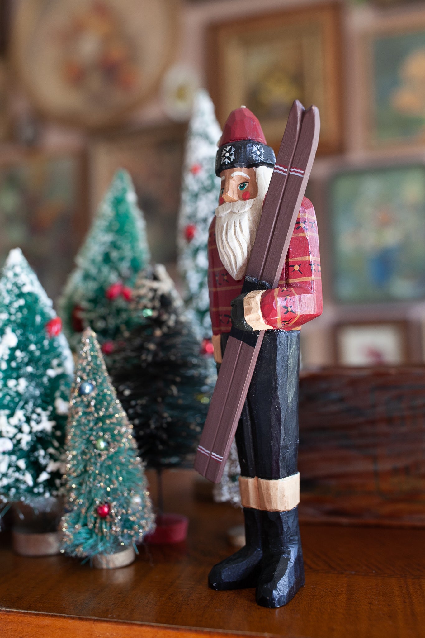 Vintage Santa - Ski Santa - Wooden Santa