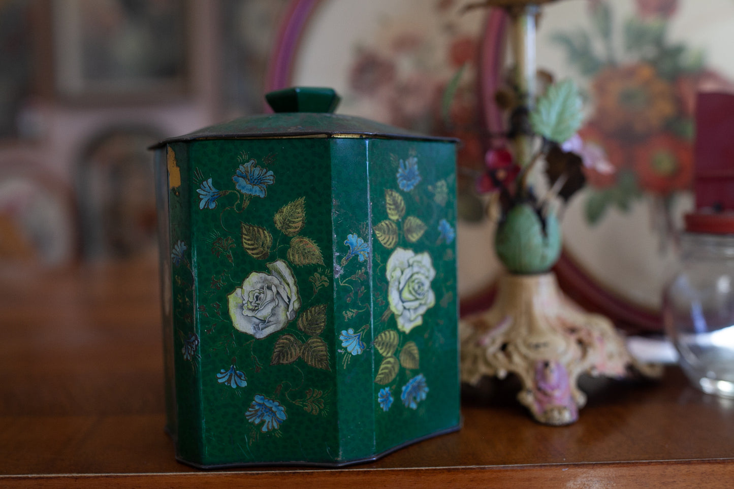 Vintage Green Tin- floral tin