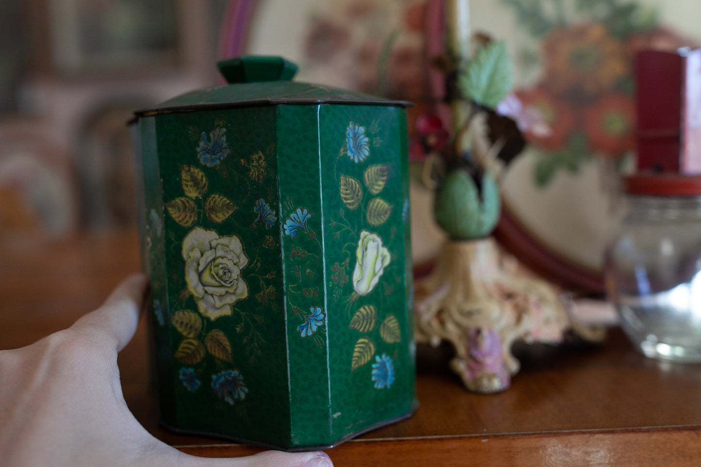Vintage Green Tin- floral tin