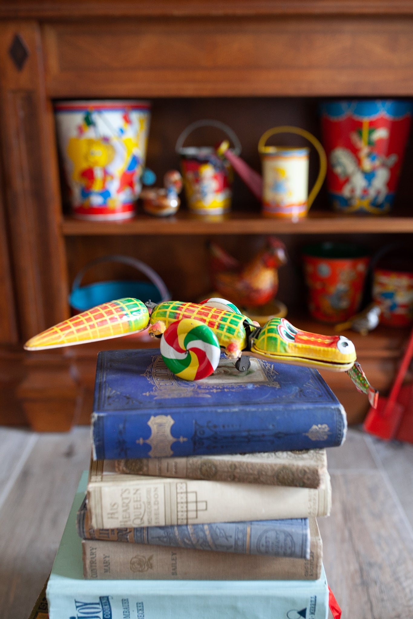 Vintage Tin Toy - Tin Alligator -Vintage Japanese Suzuki and Edward Wind-Up Snapping Alligator Tin Litho Toy with Leaping Fish, Made in Japan