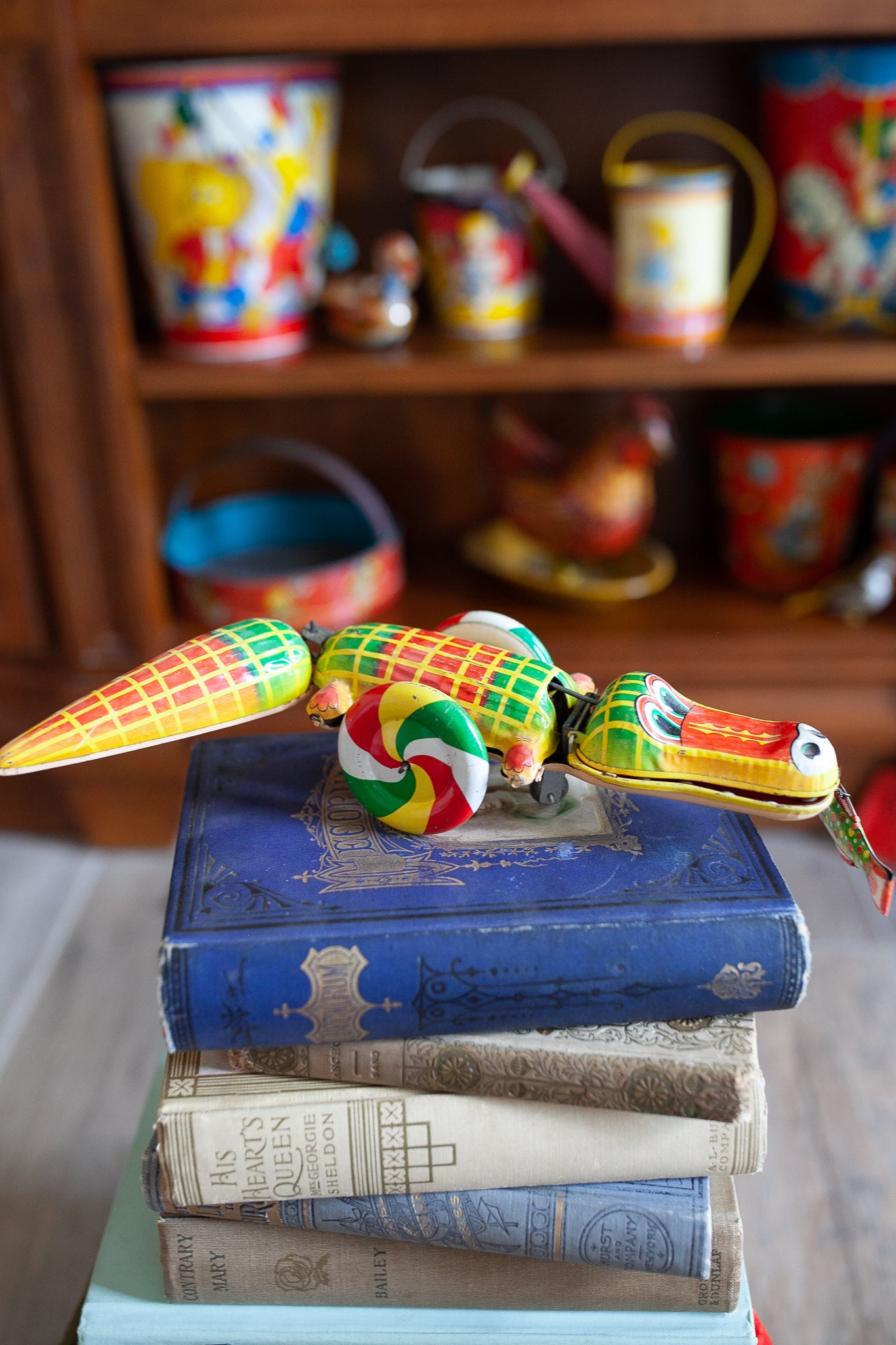 Vintage Tin Toy - Tin Alligator -Vintage Japanese Suzuki and Edward Wind-Up Snapping Alligator Tin Litho Toy with Leaping Fish, Made in Japan