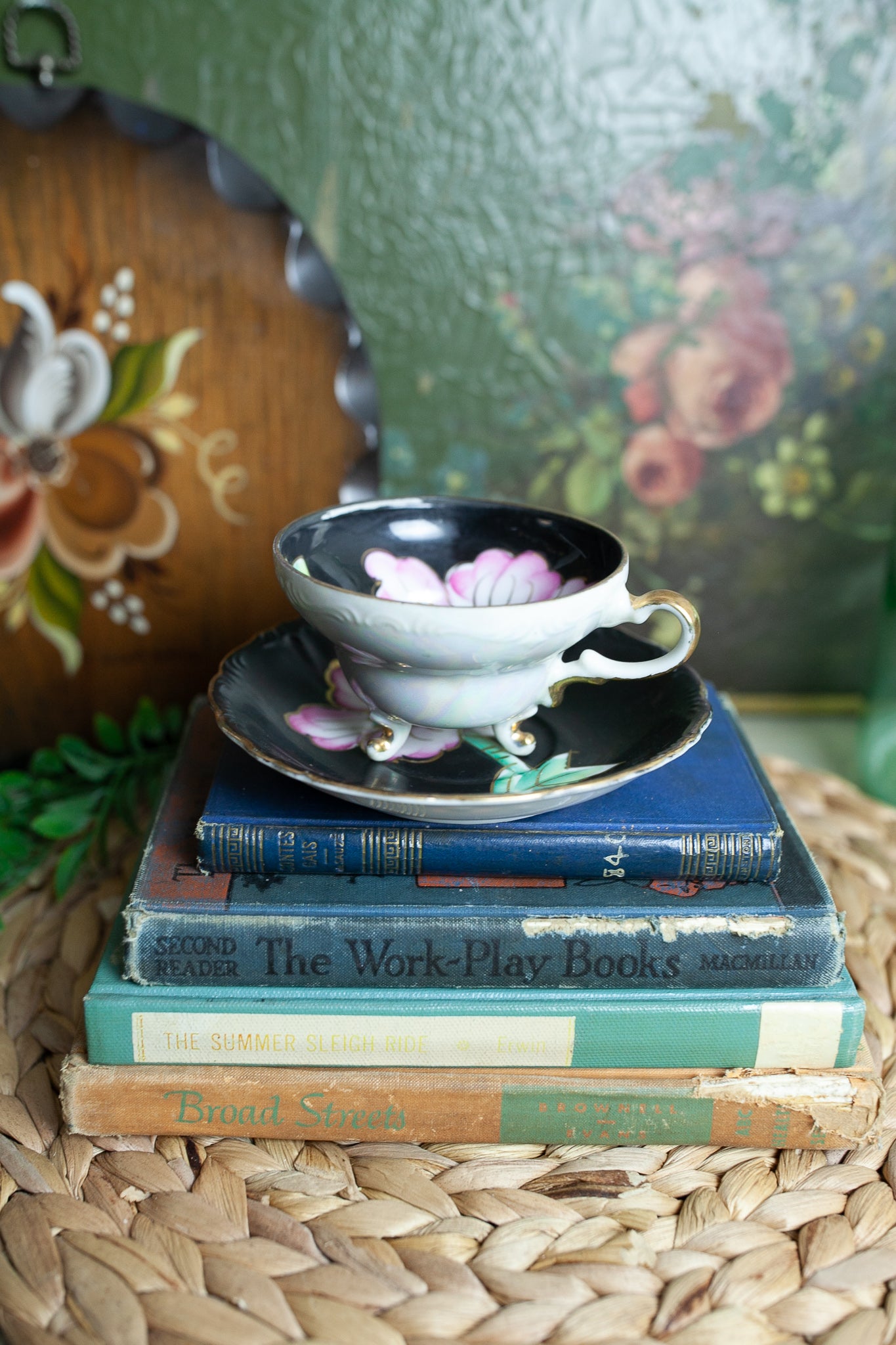 Vintage Teacup and Saucer - Footed Teacup- Black and Pink