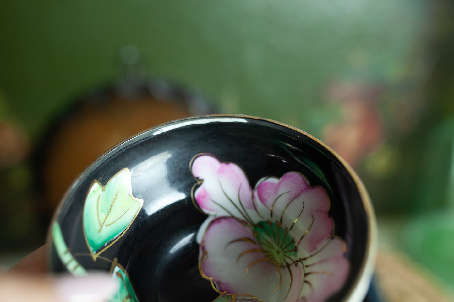 Vintage Teacup and Saucer - Footed Teacup- Black and Pink