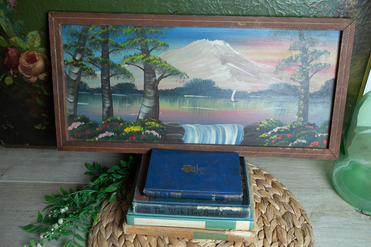 Vintage Painting - Landscape Painting- Wood Framed Painting Waterfall and Mountain sunset painting