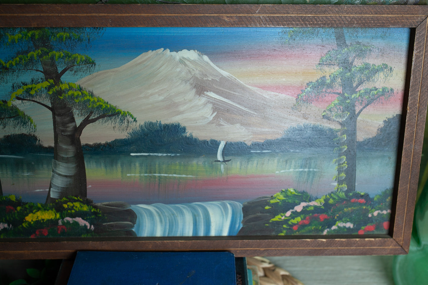 Vintage Painting - Landscape Painting- Wood Framed Painting Waterfall and Mountain sunset painting