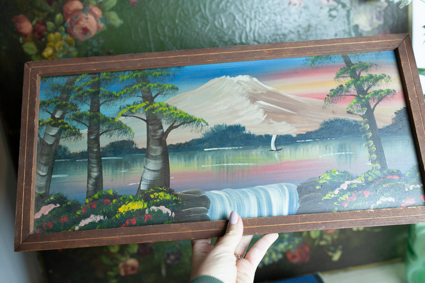 Vintage Painting - Landscape Painting- Wood Framed Painting Waterfall and Mountain sunset painting