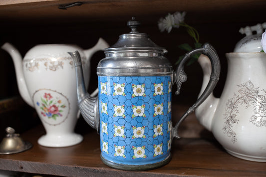 Antique Graniteware and Pewter Teapot Blue with Flowers Manning Bowman - Enamel