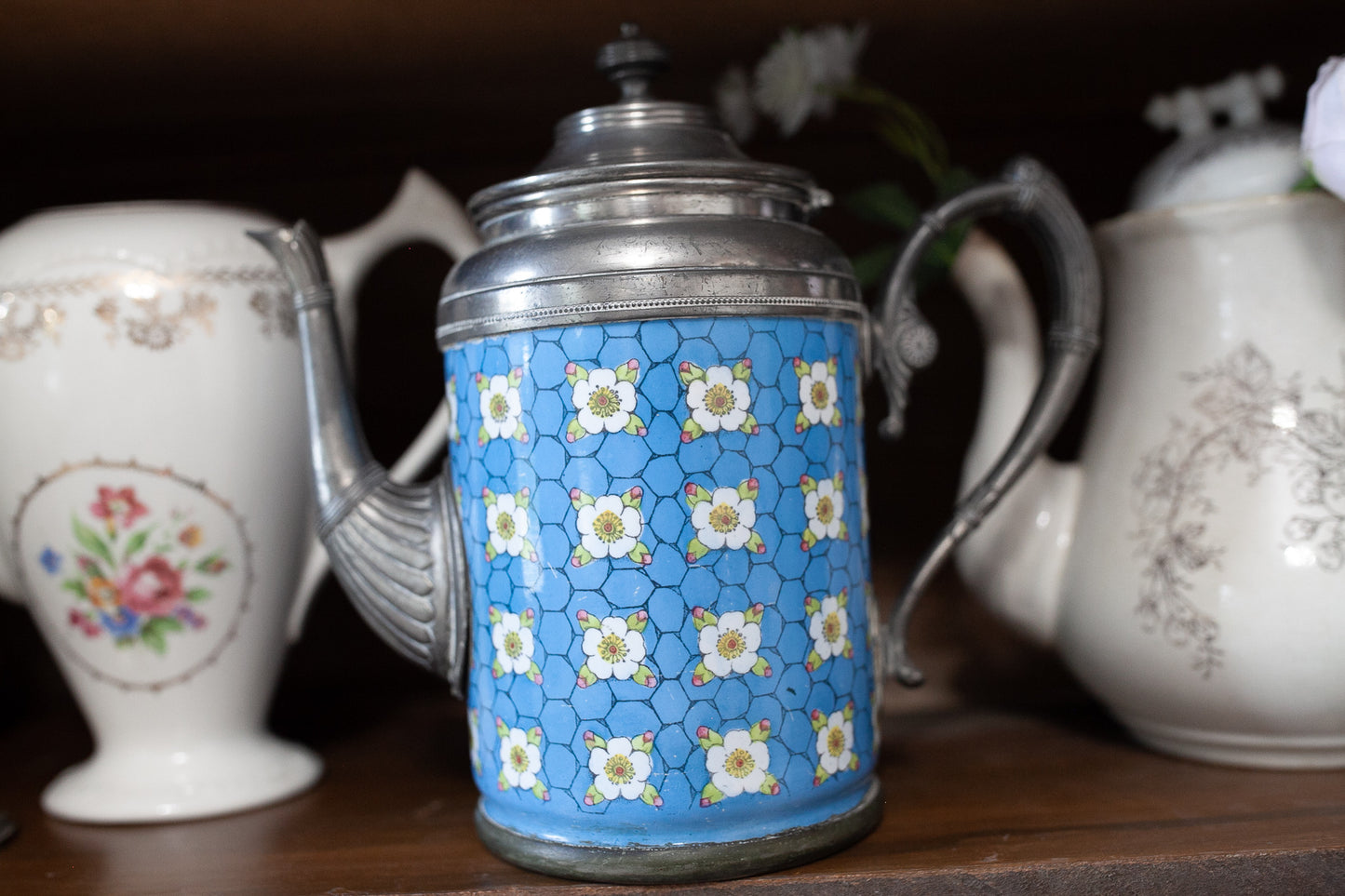 Antique Graniteware and Pewter Teapot Blue with Flowers Manning Bowman - Enamel