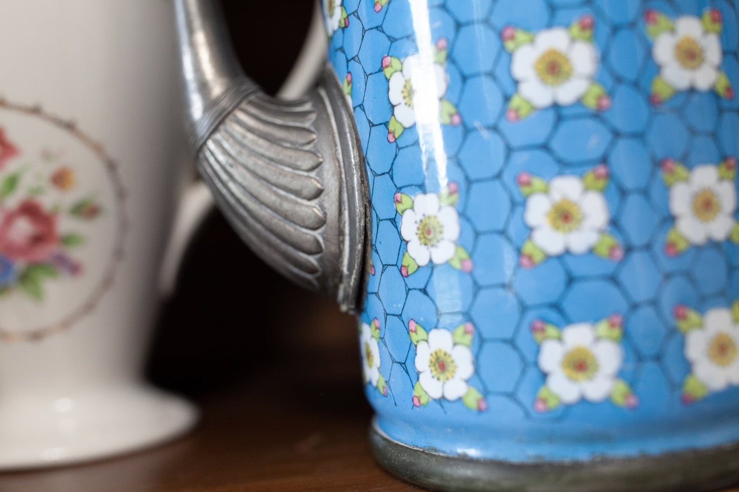 Antique Graniteware and Pewter Teapot Blue with Flowers Manning Bowman - Enamel