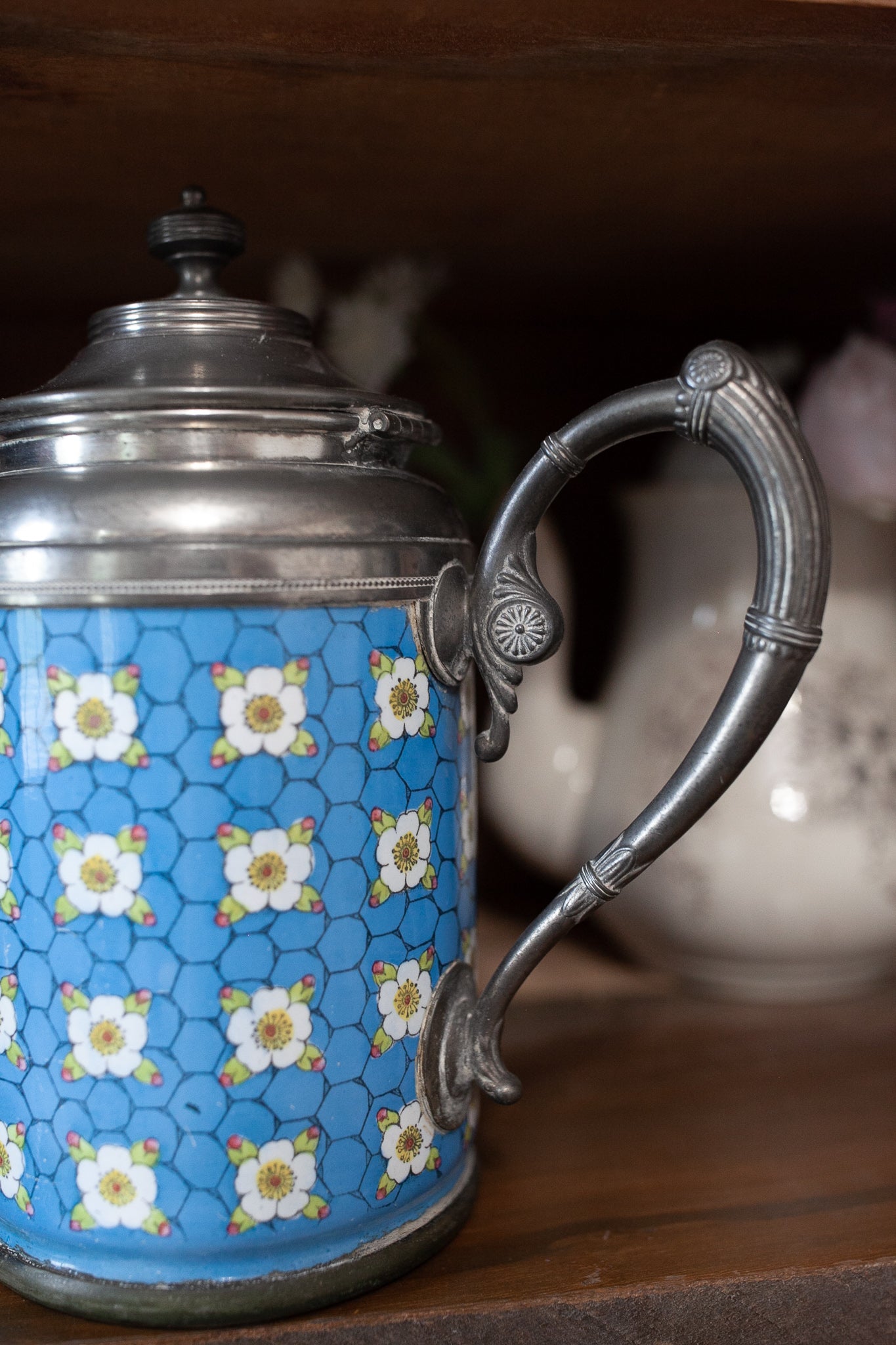 Antique Graniteware and Pewter Teapot Blue with Flowers Manning Bowman - Enamel