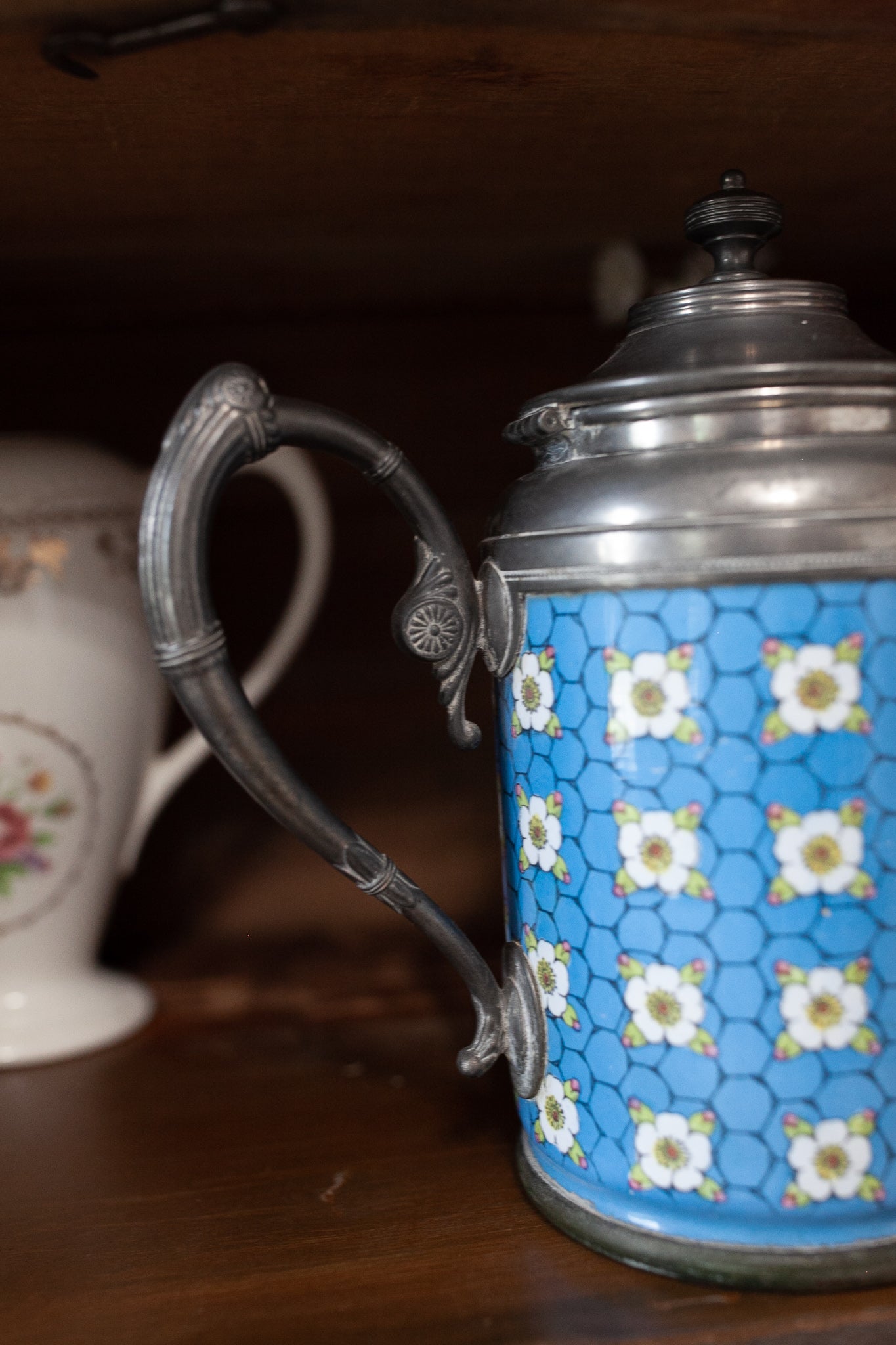 Antique Graniteware and Pewter Teapot Blue with Flowers Manning Bowman - Enamel