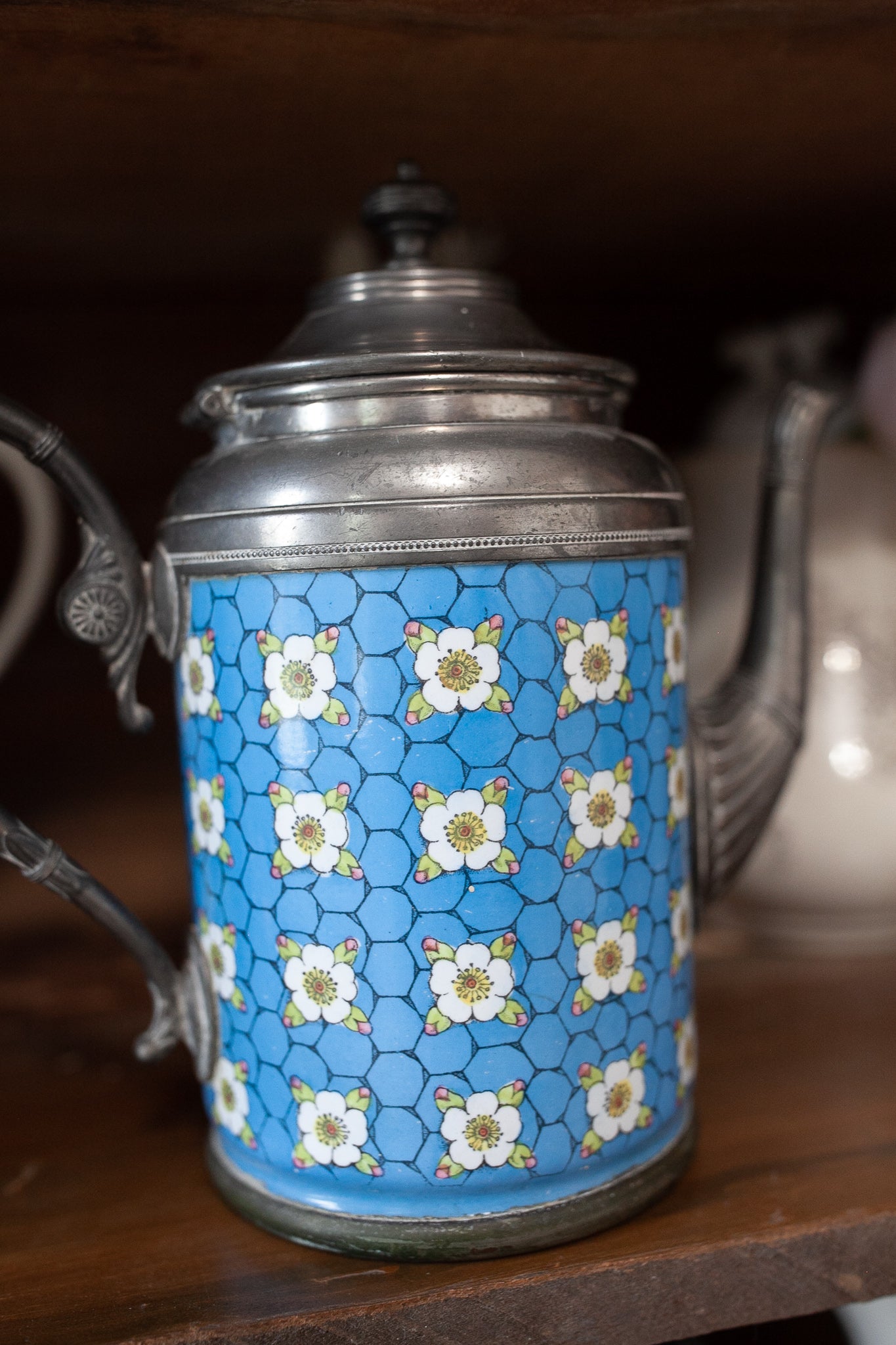 Antique Graniteware and Pewter Teapot Blue with Flowers Manning Bowman - Enamel