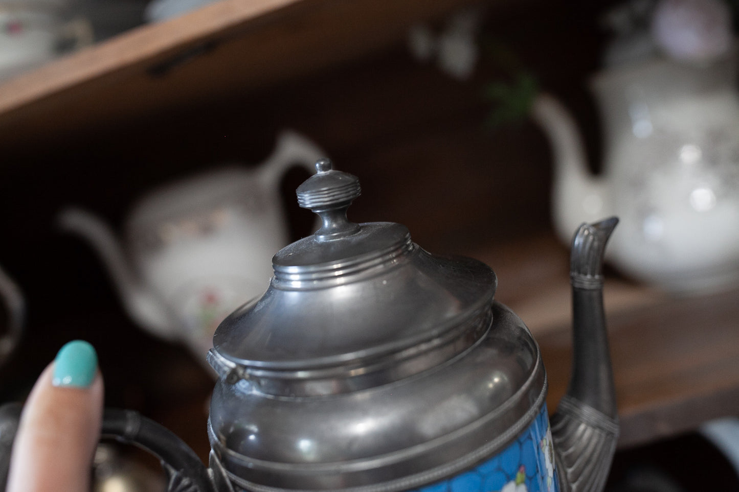 Antique Graniteware and Pewter Teapot Blue with Flowers Manning Bowman - Enamel