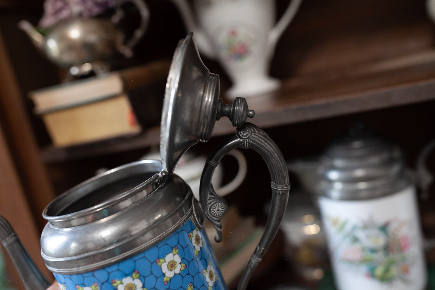 Antique Graniteware and Pewter Teapot Blue with Flowers Manning Bowman - Enamel