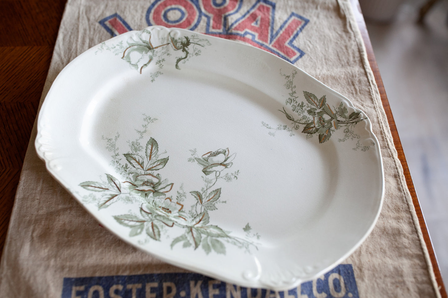 Ridgways Royal Semi Porcelain Transferware Platter Green Floral - Tulipe